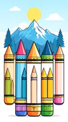 Colorful pencils against a mountain backdrop