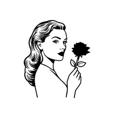 Black and white vector illustration of a beautiful woman holding a flower, minimal clean line art style
