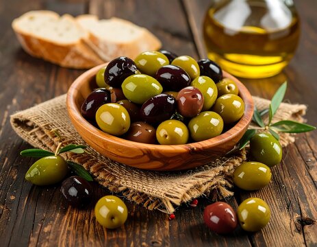 Assorted olives in a wooden bowl on a rustic table