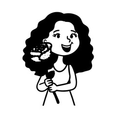 Black and white vector illustration of a beautiful woman holding a flower, minimal clean line art style
