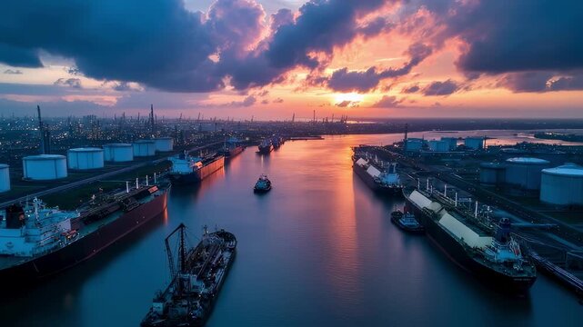 Aerial perspective showing a bustling LNG terminal with several ships docked and offloading arms in action surrounded by towering storage tanks and loading facilities under a dramatic