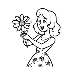 Black and white vector illustration of a beautiful woman holding a flower, minimal clean line art style
