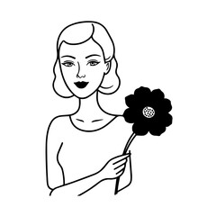 Black and white vector illustration of a beautiful woman holding a flower, minimal clean line art style

