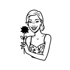 Black and white vector illustration of a beautiful woman holding a flower, minimal clean line art style
