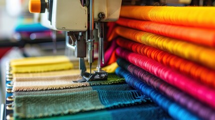 Colorful fabrics and sewing machine