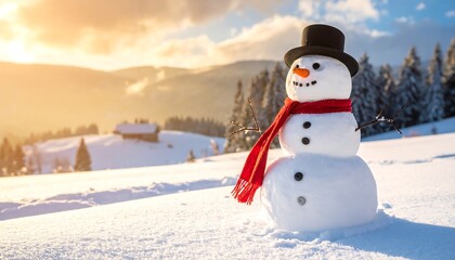 Snowman in snowy mountain landscape at sunset