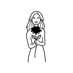 Black and white vector illustration of a beautiful woman holding a flower, minimal clean line art style
