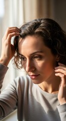 Fototapeta premium Young caucasian woman touching her curly dark hair. Hair care, problem, loss concept. Sad female thinking about balding.