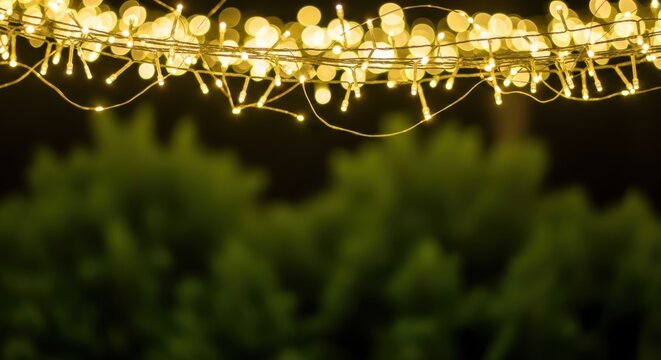 Twinkling Yellow String Lights Bokeh Over Blurred Green Foliage yellow lights - Powered by Adobe