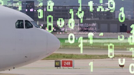 Airplane taxiing in airport with code and data  - Powered by Adobe