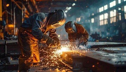 Professional welders working in a manufacturing plant, creating bright sparks during metal fabrication and industrial production
