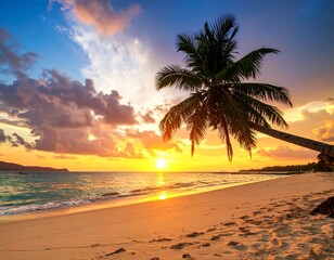 Fototapeta premium Tropical sunset over a pristine beach. Palm tree silhouette against a vibrant colorful sky