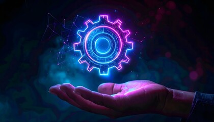 Glowing Neon Gear Icon above Hand. Digital Technology, Innovation, and Modern Engineering Solutions Concept.