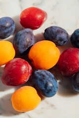 apricots, italian plums, luisa plums on white marble