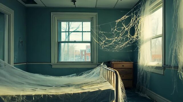 Eerie abandoned hospital room with dusty bed and cobwebs, creating a spooky scene.