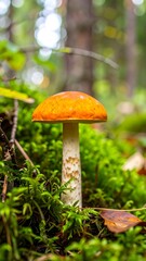 Orange mushroom in moss-covered forest floor