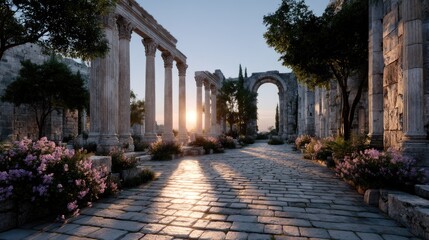Obraz premium Ancient Stone Ruins with Sunlight Streaming Through Arches and Columns at Sunset in a Cinematic HDR Scene