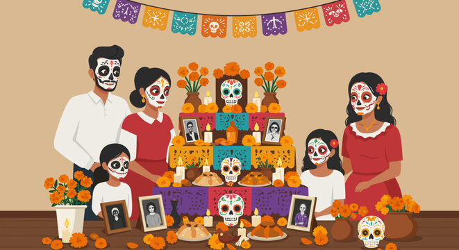 This flat design illustration depicts a loving family celebrating Day of the Dead, gathered around a vibrant ofrenda adorned with traditional offerings. It represents remembrance and cultural heritage
