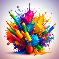 Colorful pencils exploding with vibrant paint splashes