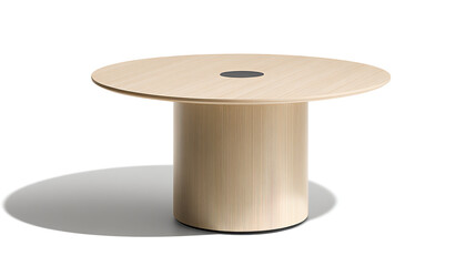 A wooden table with a black base and a black hole in the middle