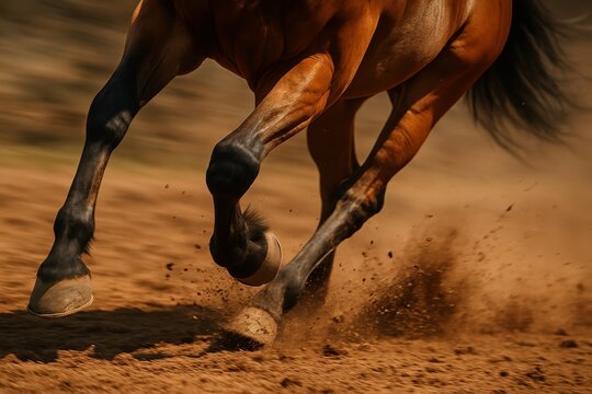 Racehorse legs thundering on dirt track flying turf and motion blur thrilling equestrian speed and competition decisive sports moment