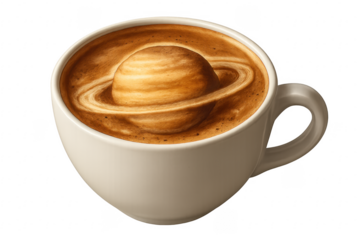 Coffee mug illustrating Saturn planet latte art