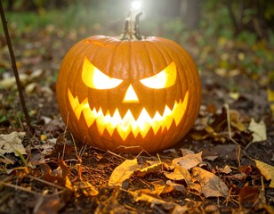 Jack-o'-lantern in autumnal forest (1)