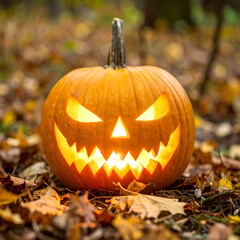 Jack-o'-lantern in autumn leaves