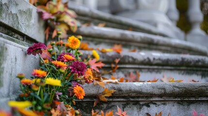 Colorful flowers on autumn stone steps