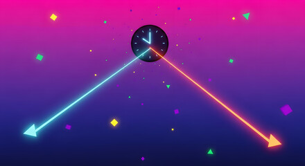 Abstract neon clock design with arrows, vibrant gradient background, perfect for time concepts