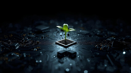 photorealistic image of a complex circuit board, from the center grows a single vibrant green seedling