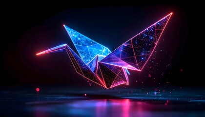 Futuristic Digital Origami Crane with Neon Glow and Geometric Lines on Dark Background