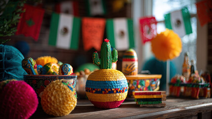 Vibrant traditional Mexican decorations featuring colorful pi&ntilde;atas, papel picado banners, and festive arrangements set in a warm, inviting atmosphere celebrating cultural heritage.
