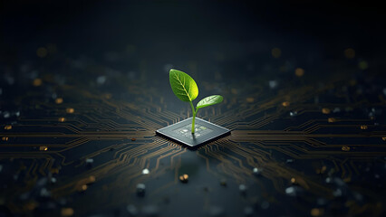 photorealistic image of a complex circuit board, from the center grows a single vibrant green seedling