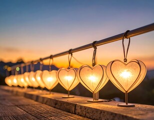 Heart-shaped lanterns illuminate a railing at sunset