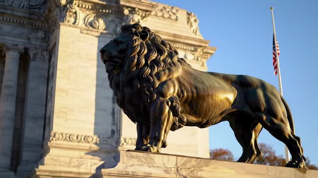 Bronze lion statue on a stone pedestal