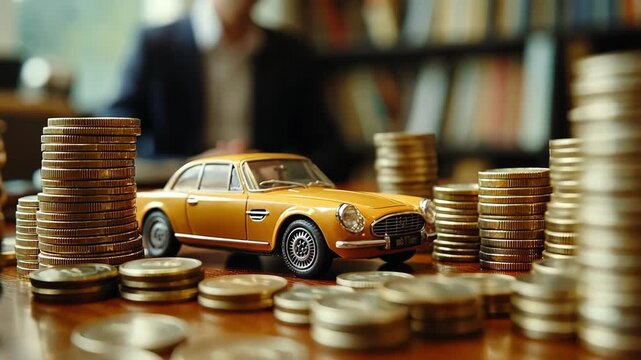 Classic car model surrounded by stacks of coins, representing car finance.
