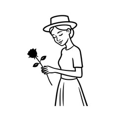 Black and white vector illustration of a beautiful woman holding a flower, minimal clean line art style