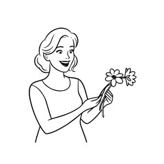 Black and white vector illustration of a beautiful woman holding a flower, minimal clean line art style