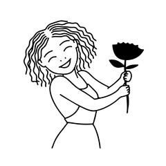 Black and white vector illustration of a beautiful woman holding a flower, minimal clean line art style
