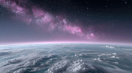 Naklejka premium Earth from Space with Milky Way Above Planet Surface Clouds in Sky and Starry Background Dramatic Lighting for Stock Photo Adobe