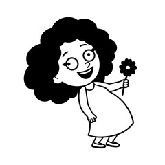 Black and white vector illustration of a beautiful woman holding a flower, minimal clean line art style