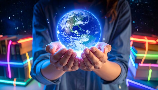Glowing Digital Earth Globe in Hands: Global Technology, Connection, and Environmental Future with Futuristic Neon Background