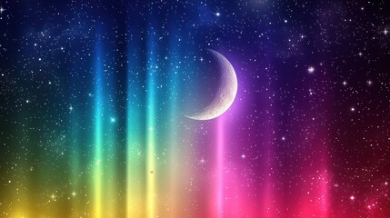 Rainbow night sky with crescent moon