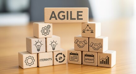 Fototapeta premium Agile Methodology Illustrated with Wooden Blocks and Icons
