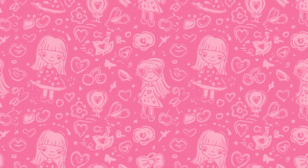 Pink whimsical pattern featuring girls, hearts, and other playful elements