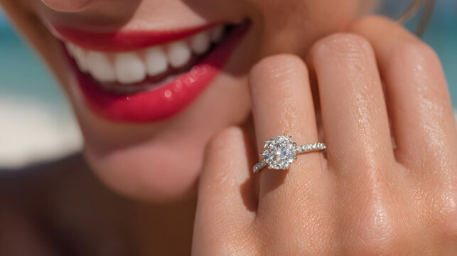 close-up photography capturing a joyful moment of a woman showcasing her engagement ring. The focus is sharply on the dazzling diamond ring perched on her finger
