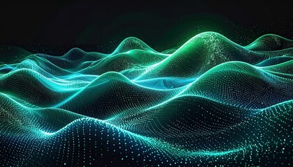 Dynamic Luminous Teal Green Digital Waveform Particle Field.