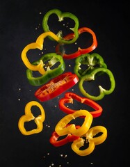 Colorful pepper slices suspended in mid-air, dark background