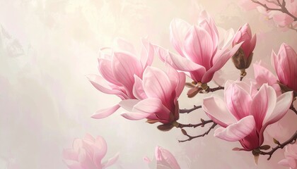 Ethereal Pink Magnolia Blossoms Bathed in Soft Spring Light, Dreamy Focus.